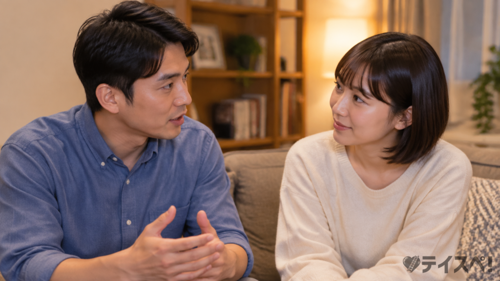 ソファで言葉にして気持ちを伝え合う韓国人男性と日本人女性の写真風イメージ