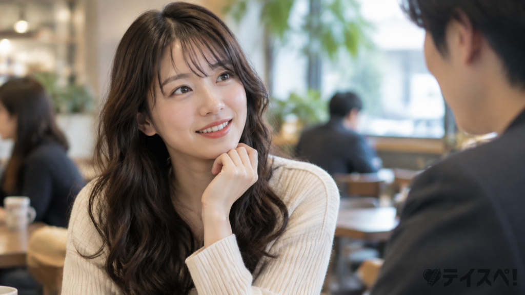 カフェで日本人男性の個性的なファッションと落ち着きに感心する韓国人女性の写真風イメージ