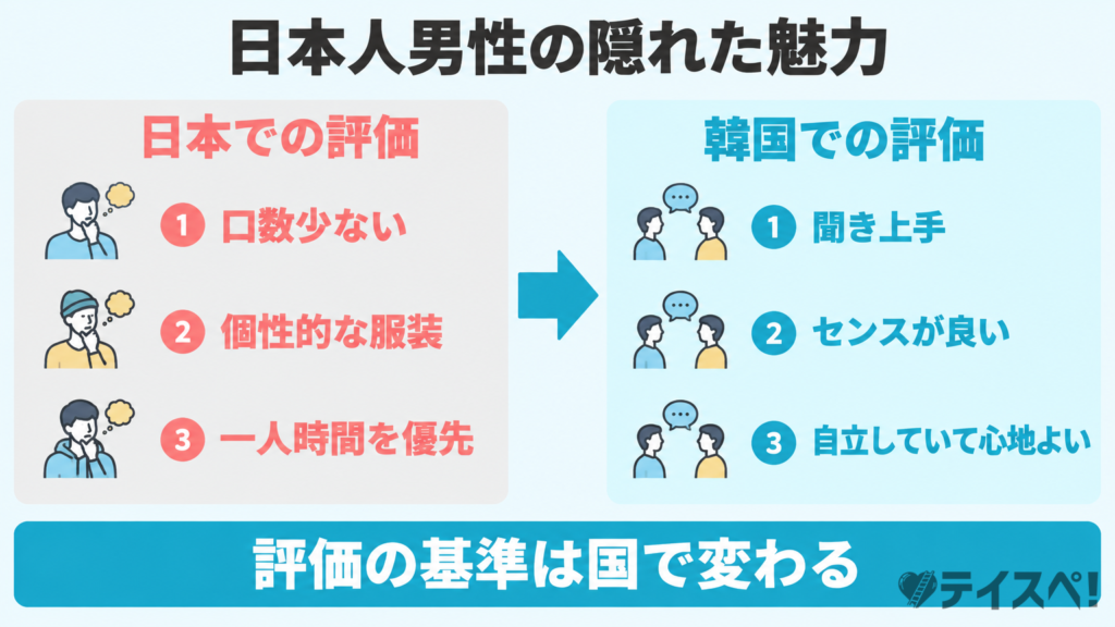 日本で評価されにくい特徴が韓国では聞き上手・センスが良いと評価される様子を対比した図解