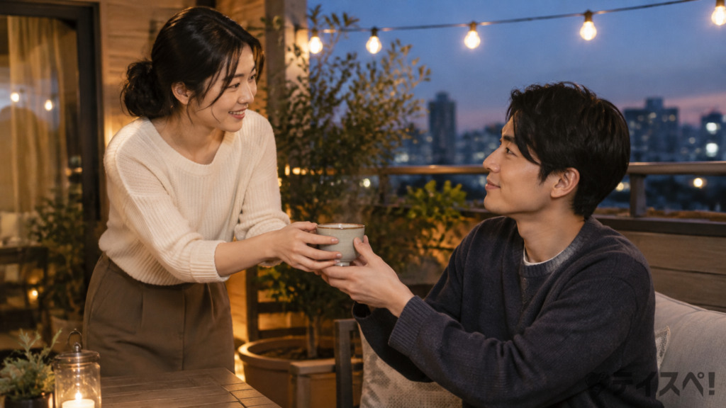 韓国人男性に温かい飲み物を渡し気遣う日本人女性と、穏やかな距離感で寄り添う2人の写真風イメージ