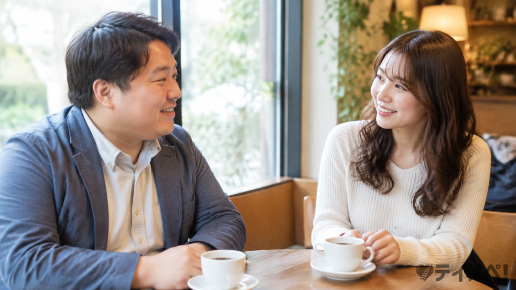 落ち着いたカフェの窓際席で、男女が笑顔で穏やかに会話しているお見合いのイメージ写真