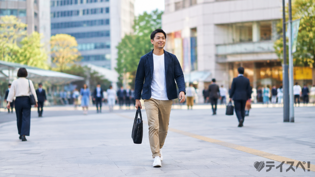 駅前の広場を、無料相談に向かう30代の男性が歩いているイメージ写真